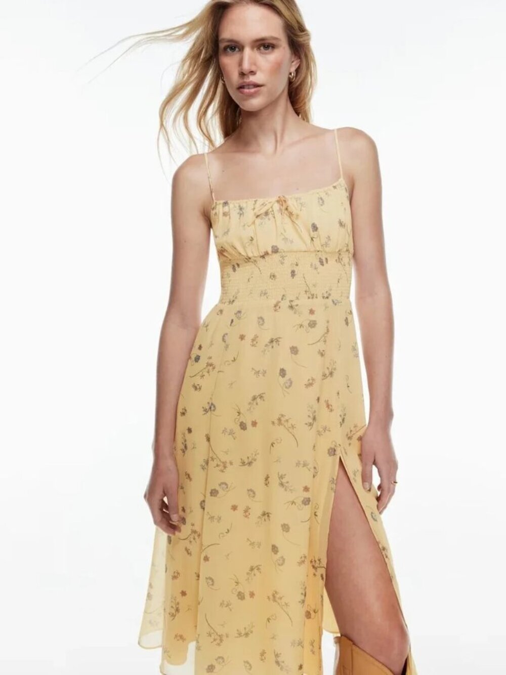 Aritzia Wilfred Yellow Floral Genoa Smocked Milkmaid Midi Dress